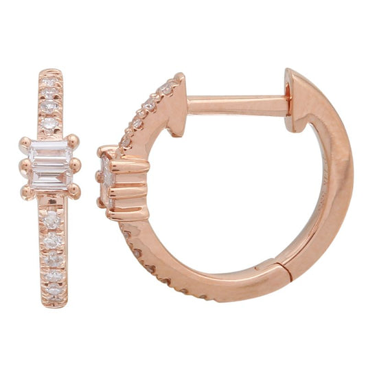 14K Rose Gold Diamond Baguette Huggies