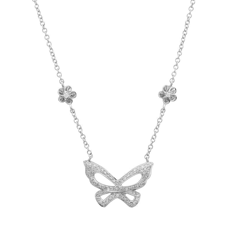14K Rose Gold Diamond Butterfly and Flower Necklace