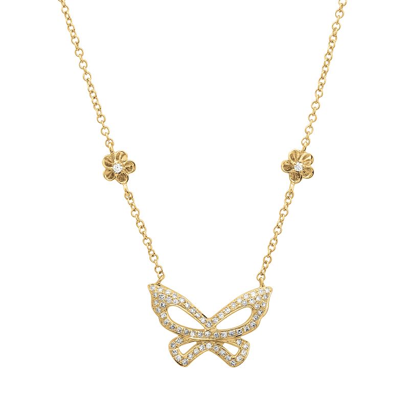 14K Rose Gold Diamond Butterfly and Flower Necklace
