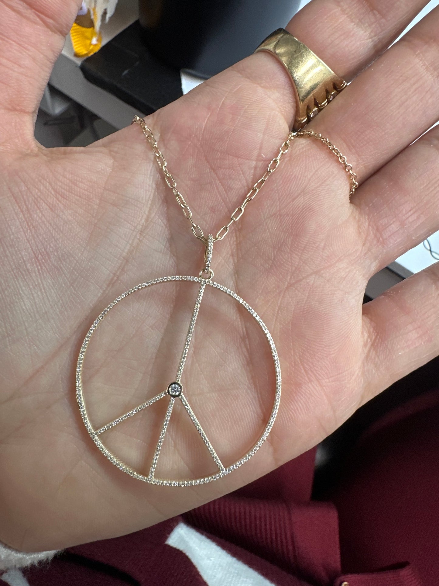 14k Yellow Gold and Diamond Peace Necklace