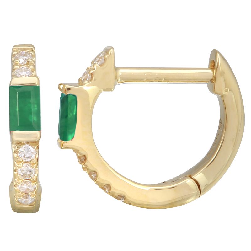 14K Yellow Gold Emerald and diamond huggies