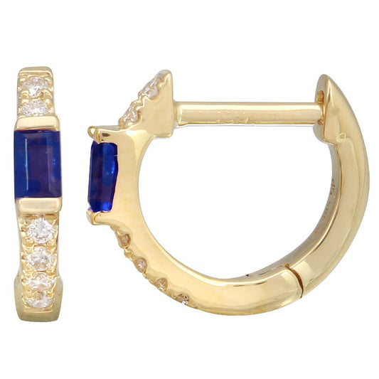 14K Yellow Gold Diamond and Sapphire Huggies