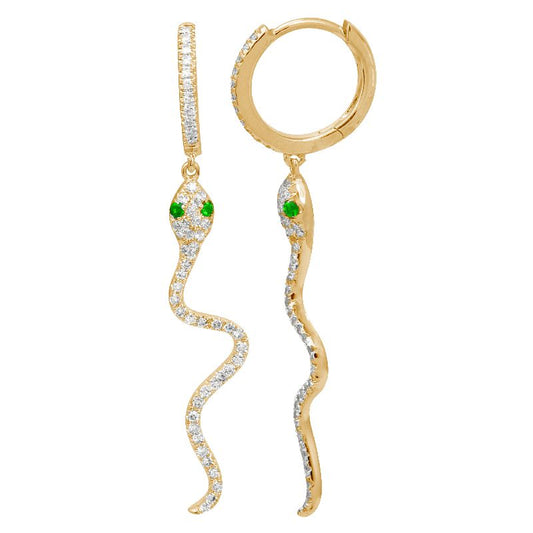 14K Yellow Gold Dangling Diamond Snake Earrings