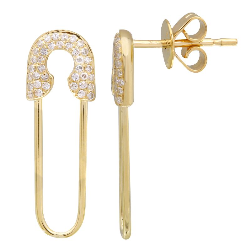 14K Yellow Gold Diamond Safety Pin Earrings