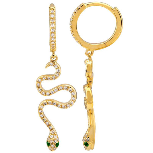 14K Yellow Gold Diamond Snake Dangling Huggies