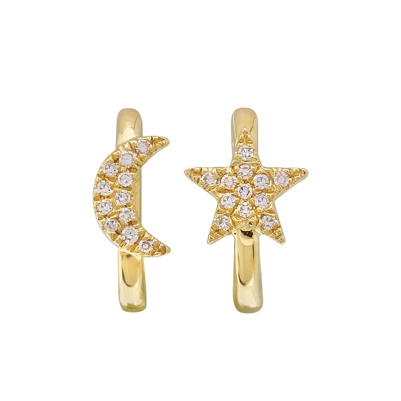 14K Yellow Gold Diamond Moon and Star Huggies