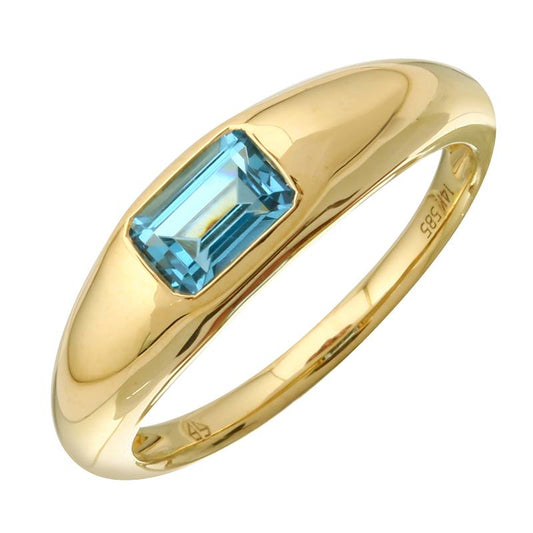 14K Yellow Gold Emerald Cut Blue Topaz Gypsy Ring