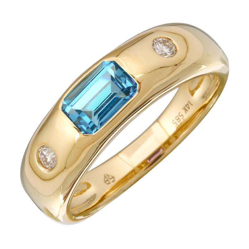 14K Yellow Gold Emerald Shape Blue Topaz Gypsy Ring