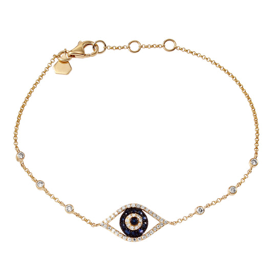 14K Yellow Gold Diamond Sapphire Evil Eye Bracelet