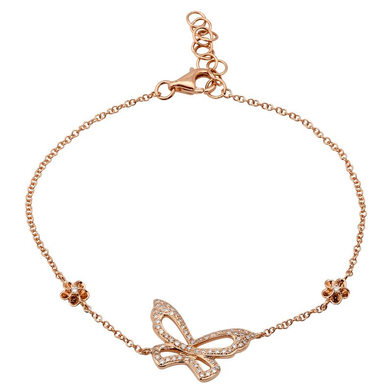 14K Yellow Gold Diamond Butterfly and Flower Bracelet