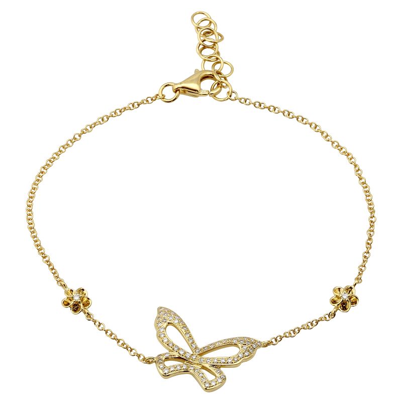 14K Yellow Gold Diamond Butterfly and Flower Bracelet