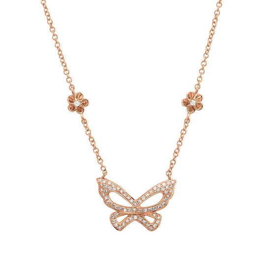 14K Rose Gold Diamond Butterfly and Flower Necklace