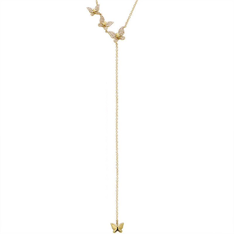 14K Yellow Gold Diamond Butterfly lariat Necklace