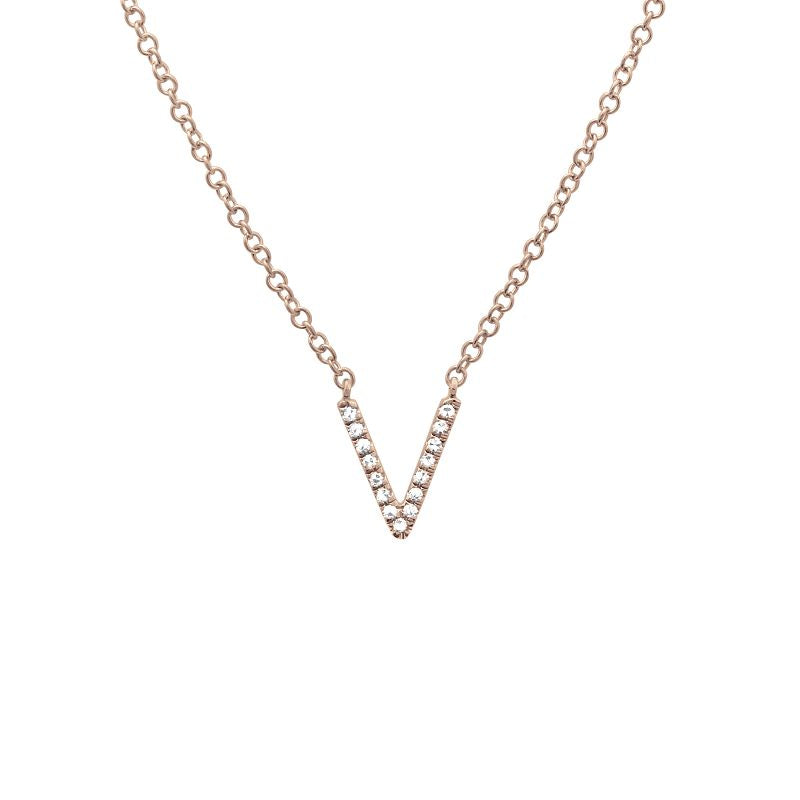 14K Yellow Gold Diamond V initial Necklace