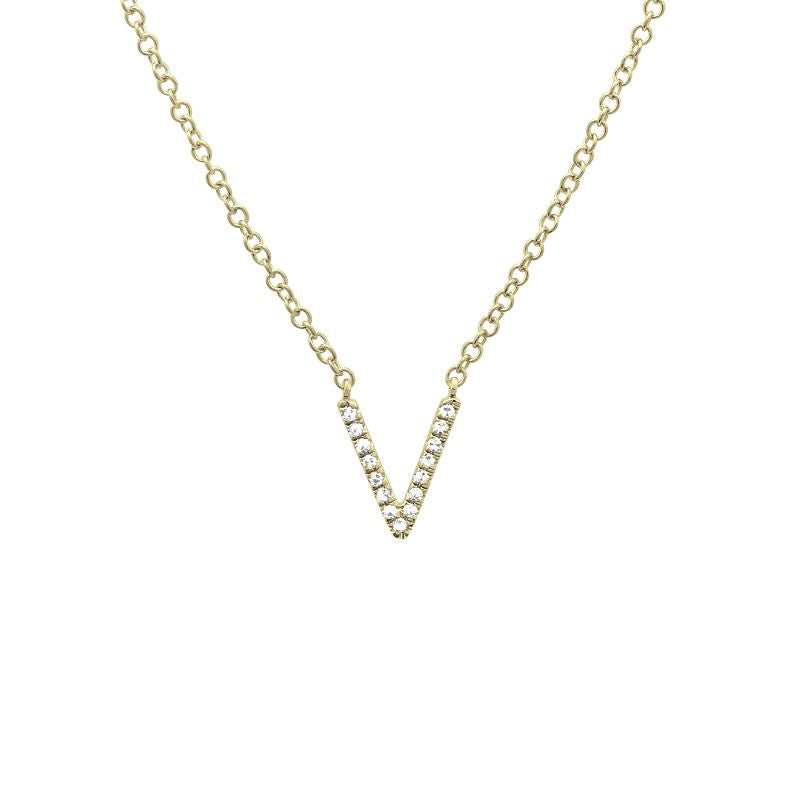 14K Yellow Gold Diamond V initial Necklace