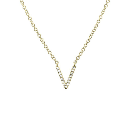 14K Yellow Gold Diamond V initial Necklace