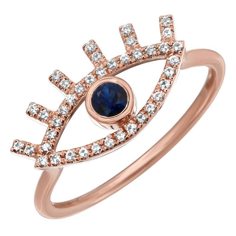 14K Yellow Gold Diamond and Sapphire Evil Eye Ring