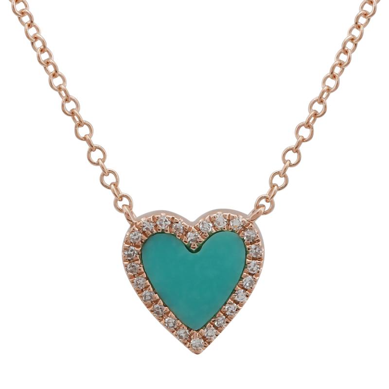 14K Yellow Gold Turquoise Diamond Small Heart Necklace