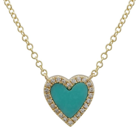 14K Yellow Gold Turquoise Diamond Small Heart Necklace