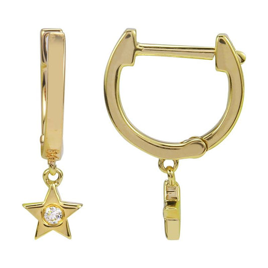 14K Yellow Gold Diamond Star Dangling Earrings