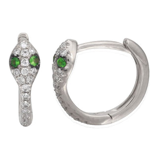 14K Yellow Gold Green Eyes Diamond Snake Huggies