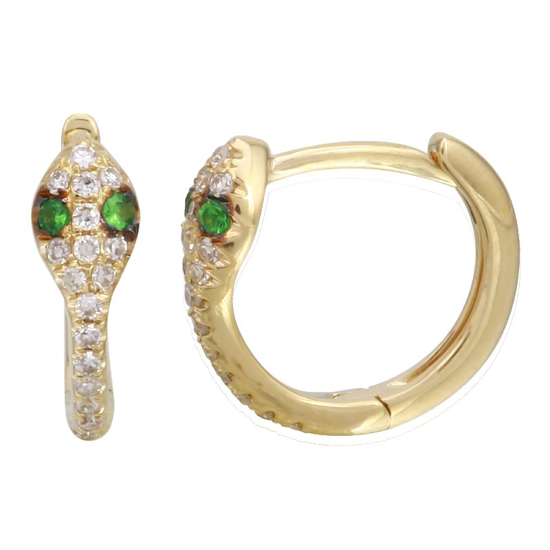 14K Yellow Gold Green Eyes Diamond Snake Huggies