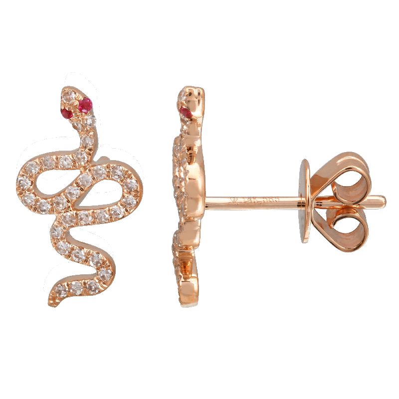 14K Yellow Gold Diamond and Ruby Snake Earrings