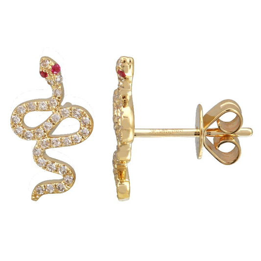 14K Yellow Gold Diamond and Ruby Snake Earrings