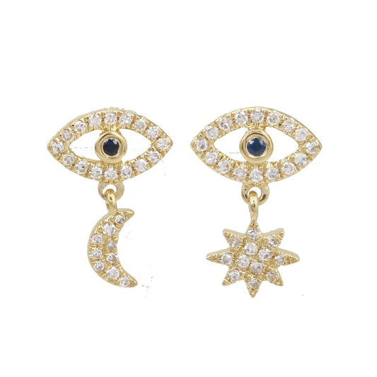 14K Yellow Gold Diamond Evil Eye Earrings