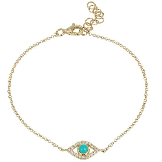 14K Yellow gold Diamond Evil Eye with Turquoise Bracelet