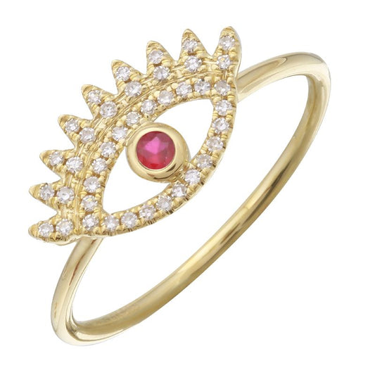 14K Yellow Gold Diamond Evil Eye Ring