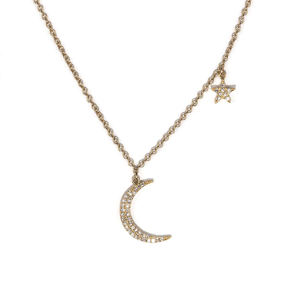 14K Yellow Gold Moon and Star Necklace