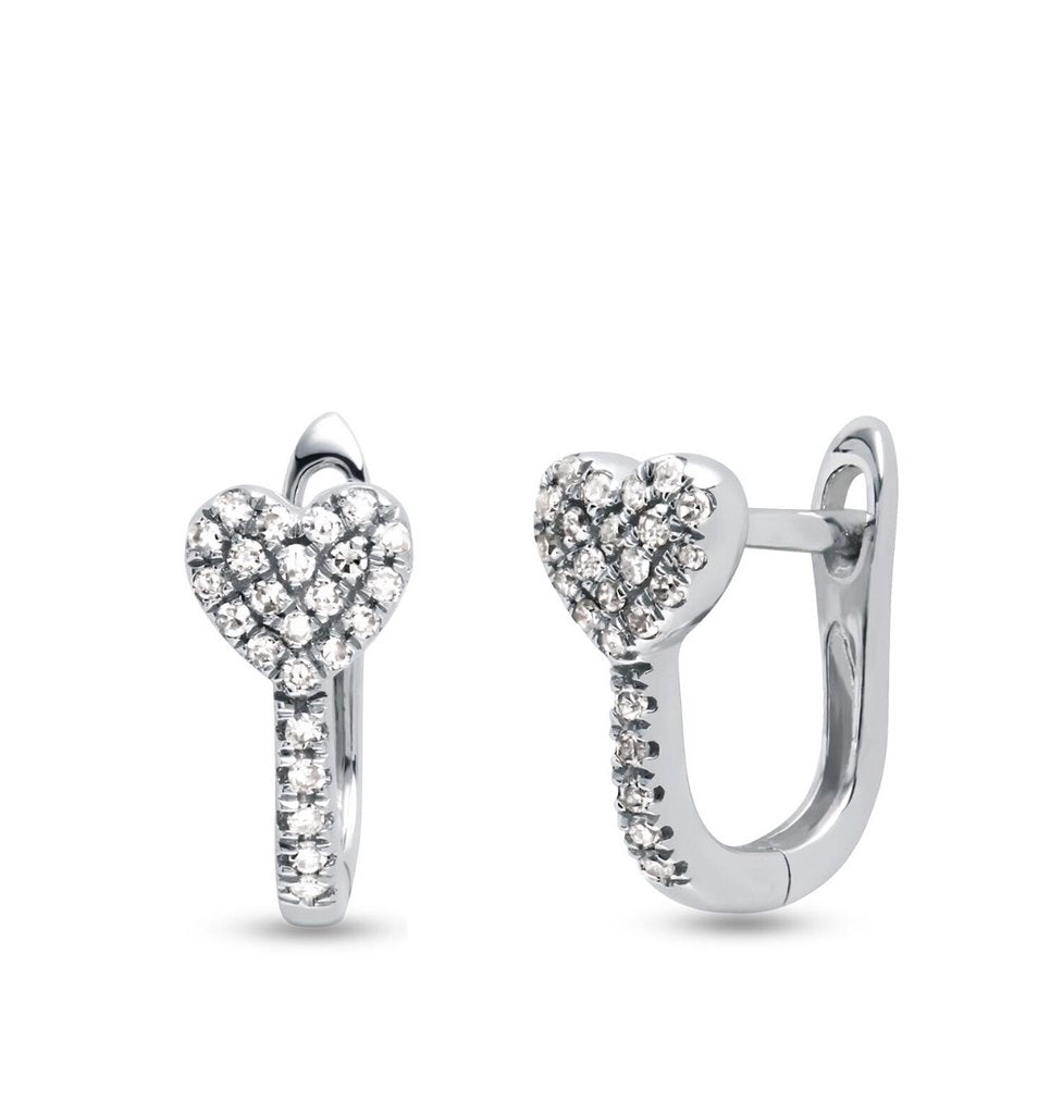 14K White Gold Diamond Heart Hoops