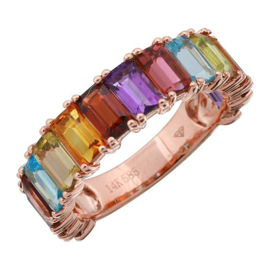 14K Rose Gold Emerald Cut Rainbow Ring